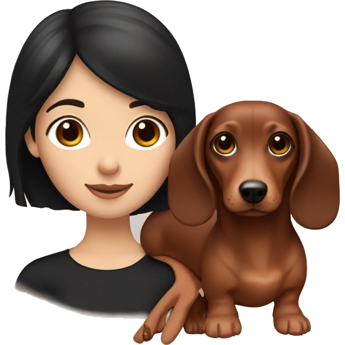 White girl with straight black hair holding a red dachshund and brown dachshund  emoji