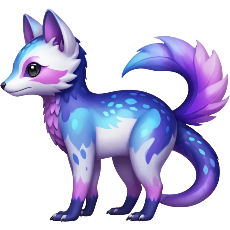  Shiny iridescent glossy oily smooth silky soft White with indigo-Violet-purple-pinkish-gradient markings beautiful handsome gorgeous aesthetic colorful vibrant Vernid-Trico-species-Fakemon-creature by LiLaiRa, 4 legs, 1 tail, random markings, (full body) emoji