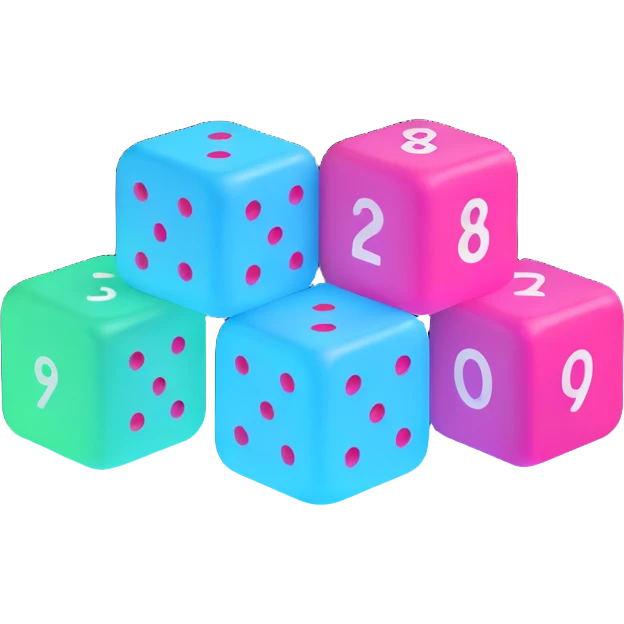 icon symbolizing non-deterministic logic, abstract dice with glowing numbers, representing randomness multiple outcomes, modern energetic, 3D emoji style emoji