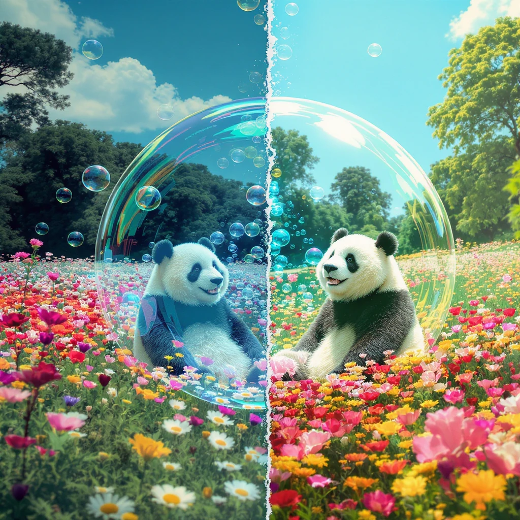 Cinematic still pandas bears sitting inside bubbles flying over field full of flowers, sunny summer day, happy vibe, minimalisic, composition splited to half(sky and flowers) emoji