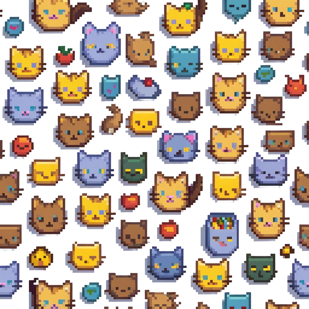 pixel art kitty surrounded by emoji sketches, playful scene emoji