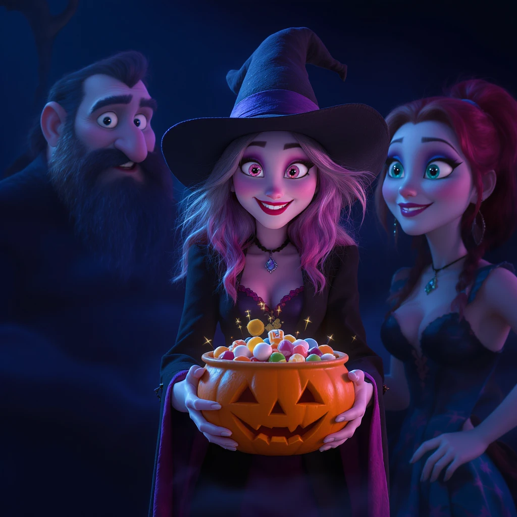 Cinematic still, Disney style, Happy witch holding pumpkin bowl full of candies, triadal character placement, dark blue color background, back light, Film inspired by Hotel Transylvania, purple light emoji