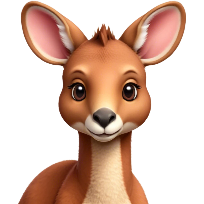 Cinematic Cute Adult Red Kangaroo Portrait Emoji, Head tilted playfully and inquisitively, showcasing a charming, robust build with soft reddish fur and a uniquely camel-like head featuring a gentle, elongated snout and rounded ears, with large, sparkling eyes full of wonder, Simplified yet irresistibly adorable features, highly detailed, glowing with a warm, friendly glow, high shine, affectionate and lively, stylized with a touch of outback whimsy, soft glowing outline, capturing the essence of a mischievous yet loving kangaroo that seems as if it could hop out of the screen into your arms! emoji
