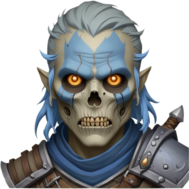 Cinematic Realistic WoW Undead Warrior Portrait, depicted with decayed yet noble features, his weathered, pallid skin etched with ghostly blue veins and ancient scars. Clad in modest, tattered attire in muted browns and greys that remain consistently rugged, his hollow eyes burn with determined defiance. Rendered with lifelike texture and dramatic natural lighting, high shine, noble and resilient, capturing the stoic spirit of an undead veteran of Azeroth. emoji