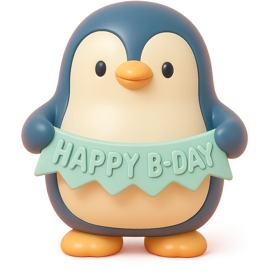 smiling penguin holding 'Happy B-Day' banner, vinyl figure style emoji