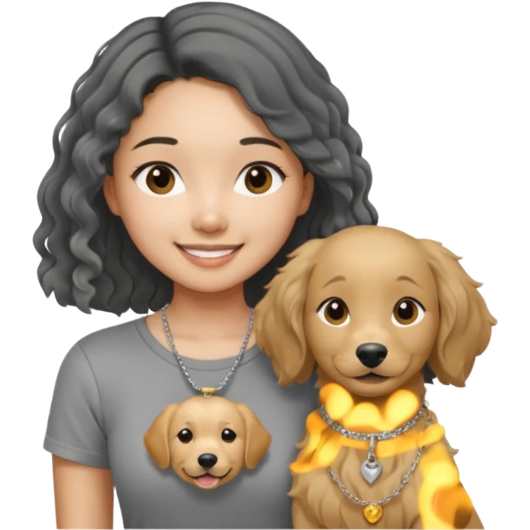 An asian girl wearing a gray round-neck tight T-shirt, a thin silver necklace .The hair is black and long, and the ends are slightly curly. Smiling, holding a golden retriever emoji