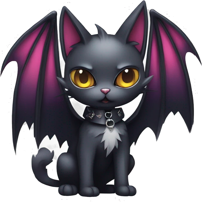  cool edgy kawaii ethereal dark-punk-themed animal vampiric cat-hybrid Fakemon with fangs and bat-wing-ears with a collar full body emoji