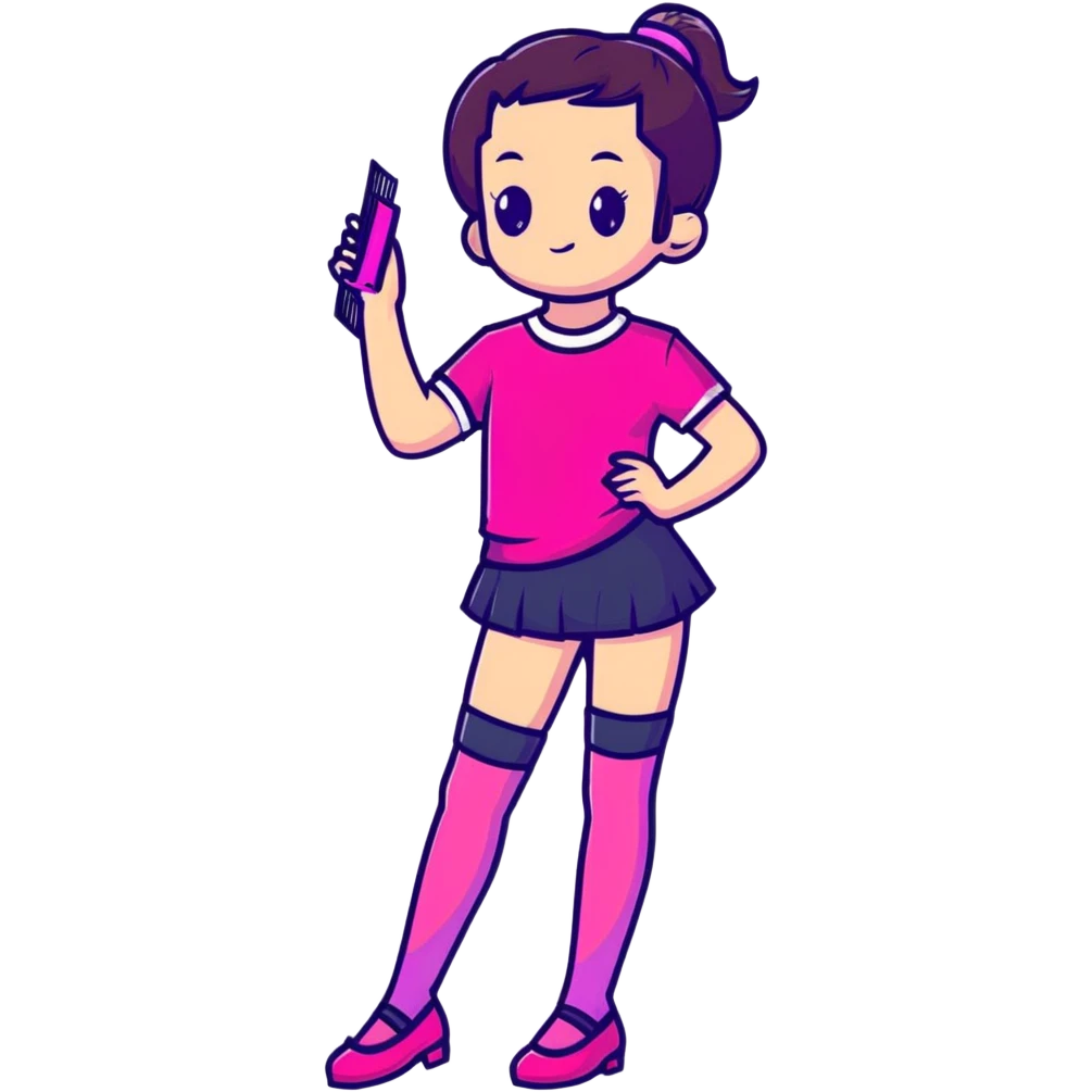 Cute girl character in stockings adjusting fashion accessory, bright pink gradient, transparent glass style with highlights emoji
