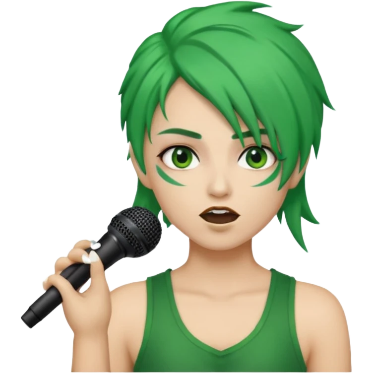 green haired, warior makeup, holding microphone, singing emoji
