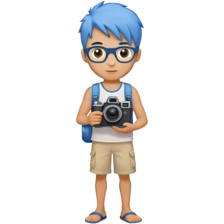 blue hair full body handsome man with camera and beach outfit  standing emoji