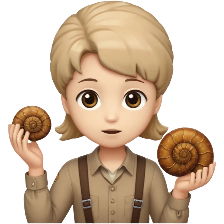 Shelly has a small, chibi-style body with a large ammonite-shaped head that looks like a beige fossil shell. One side of her head has a dark opening, making it clear she isn’t human. Her face is simple and soft, with big round eyes. She wears a brown suspender outfit over a lighter shirt emoji
