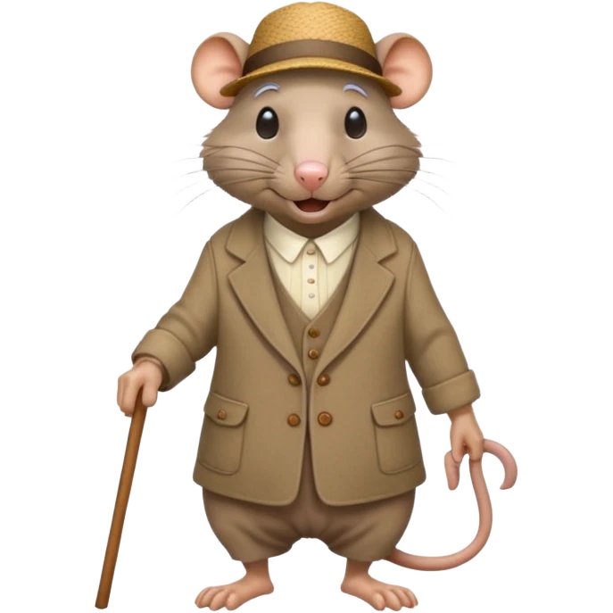 Old rat with wrinkles, happy, with old clothes and a cane  emoji