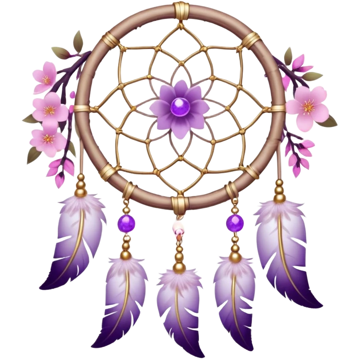 A white Dreamcatcher with purple-round-orb-stones, gold-ring-accents, purple tint flowers, pink sakura flowers, emoji