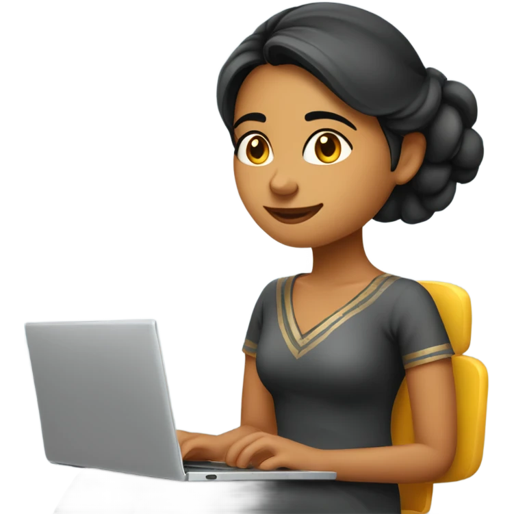 sweet indian girl who is in her 30s and approachable and happy sitting on a comfy chair working on a laptop emoji