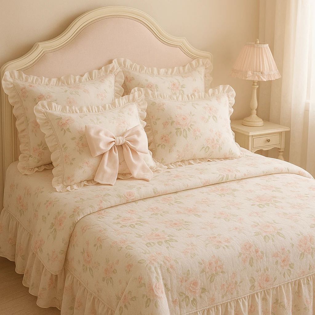 a soft pastel bed with floral patterns, bows, and a feminine coquette vibe, elegant and cozy emoji
