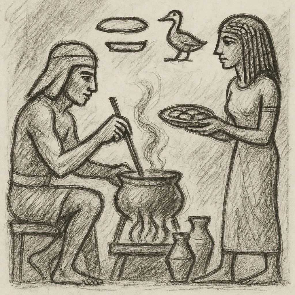 ancient Egyptian cooking scene in hieroglyphic style emoji