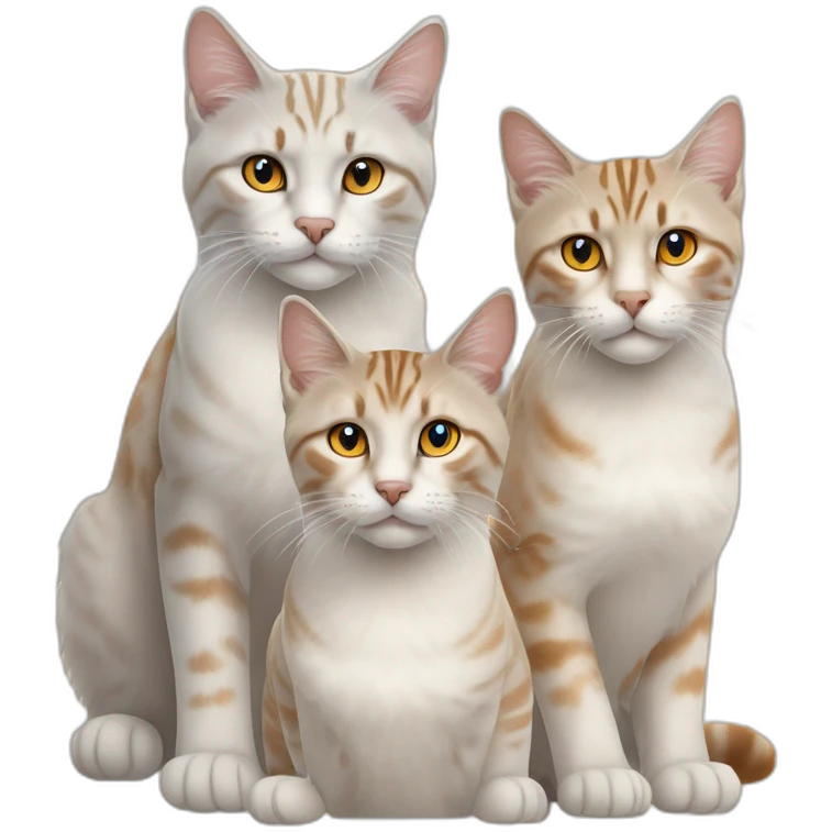 three cats sitting together, 1 lynx point with blue eyes, 1 orange and white tabby with yellow eyes, 1 all orange with orange eyes emoji