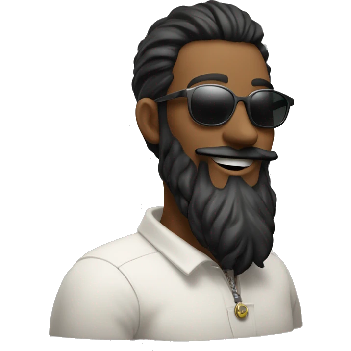man with beard, smoking a ciggarette, wearing sunglasses, looks cacausian, has a manbun, and doest smile emoji