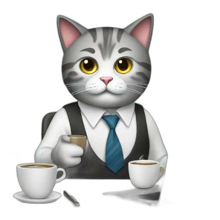 Business cat, wearing a shirt and tie, working at his desk with a cup of coffee, the cat looks stressed emoji
