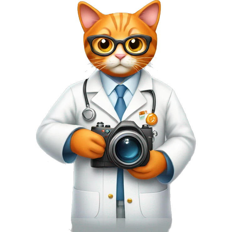 Orange Cat Scientist taking a photo with a big camera while wearing a lab coat emoji