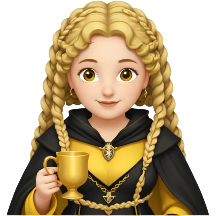 Helga Hufflepuff, 2 curly thick brown braids, yellow-black medieval dress, black cloak decorated with gold braiding, tiny two-handled shiny yellow-gold cup, very kind smile, curvy busty sweet woman, thick rosy cheeks emoji
