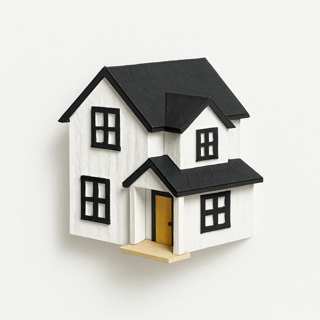 modern farmhouse dollhouse, 3d isometric, white with black trim emoji