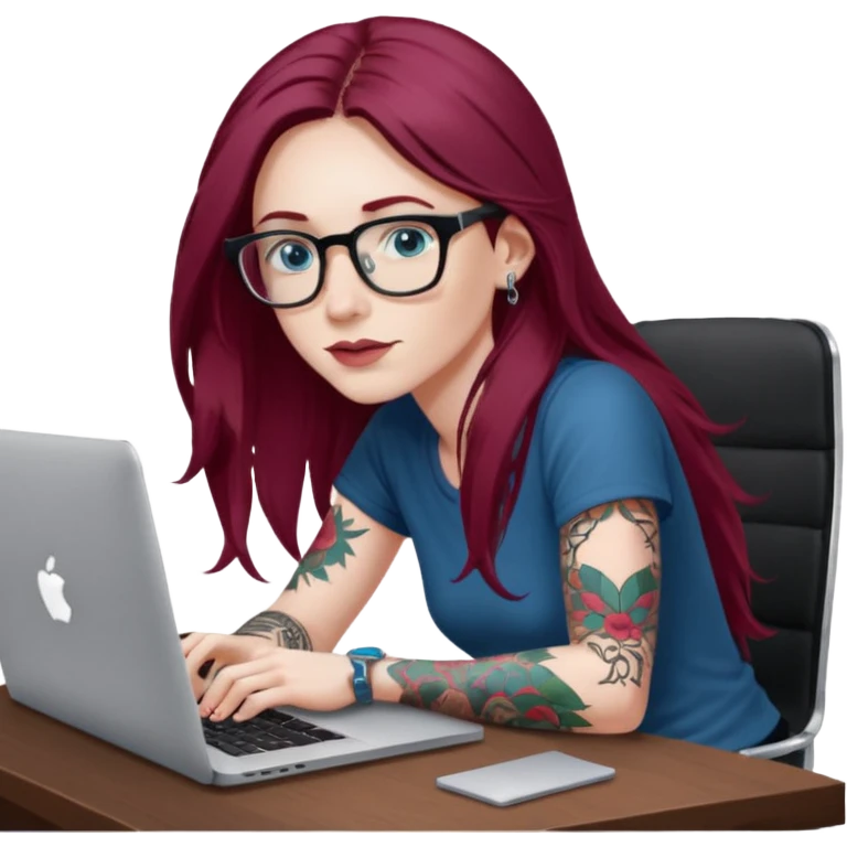 Realistic Macbook pro, side view of female, long burgundy hair, pale skin, blue eyes with tattoos, graphic designer, sitting at work desk with MacBook open, still view emoji