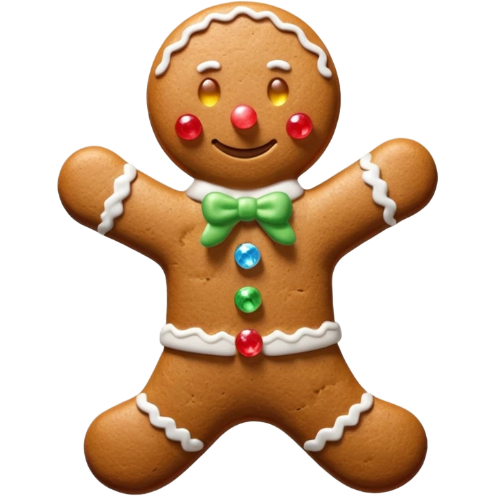 3D render of Gingerbread Man, made entirely of dessert materials, glistening sugar crystal texture, baked brown cookie texture with white icing details, delicious confectionery aesthetic, Apple emoji style, isolated on white background --v 6.0. emoji