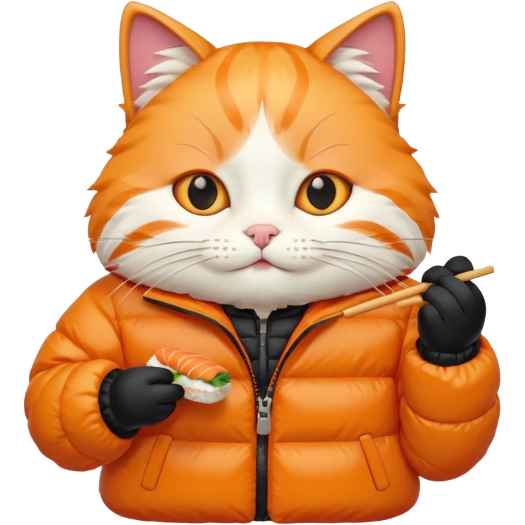 cat wearing a puffy jacket and eating sushi emoji