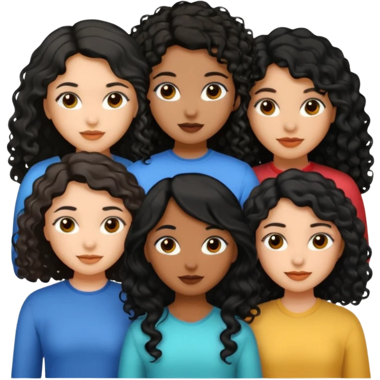 Three girls, one medium skin tone and with short black straight hair, other one with dusky skin tone and black long curly hair, and other girl with dusky skin tone and long wavy black hair  emoji