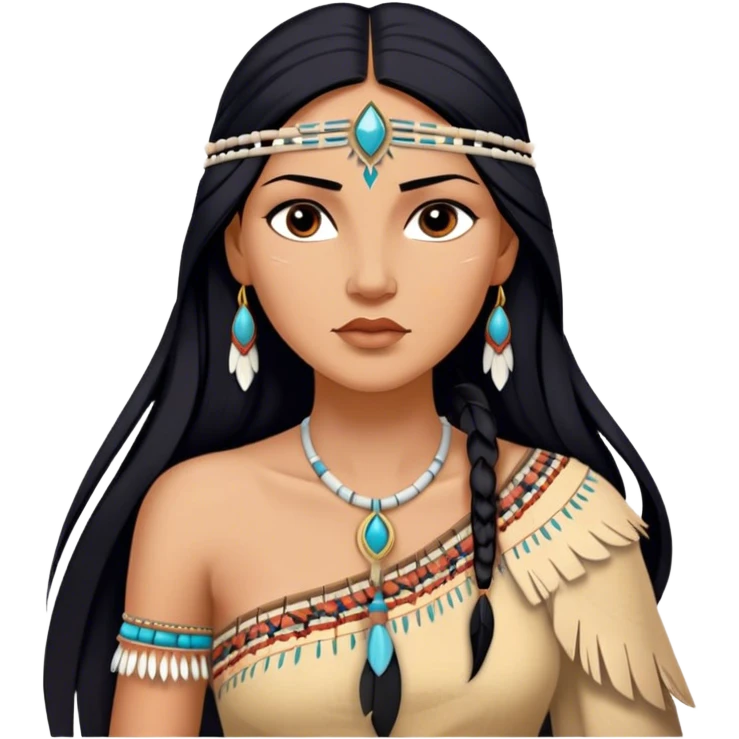 Cinematic Realistic Pocahontas Portrait, depicted with lifelike skin texture, soft natural lighting, and intricately detailed long, flowing raven-black hair that moves gracefully in the wind. Her deep, soulful dark brown eyes exude wisdom and strength, complemented by a serene yet powerful expression. She is dressed in her classic one-shoulder native american dress, with rich fabric textures and delicate beaded details that catch the light beautifully. The portrait features a soft, sun-kissed glow with a natural, radiant finish, capturing the essence of untamed beauty and deep connection to nature in a realistic and painterly style, evoking a sense of depth and authenticity. emoji
