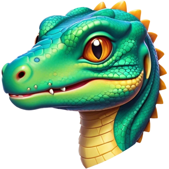 Cinematic Cute Komodo Dragon Lizard Portrait Emoji, Head tilted playfully and inquisitively, with a sleek, scaled form accented by vibrant hues and curious, sparkling eyes, Simplified yet irresistibly adorable features, highly detailed, glowing with a warm, lively glow, high shine, affectionate and spirited, stylized with a touch of exotic charm, bright and endearing, soft glowing outline, capturing the essence of a mischievous yet captivating lizard that seems poised to scurry out of the screen into your heart! emoji