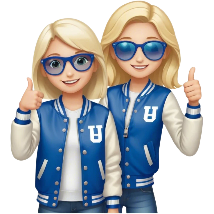smiling girl in letterman jacket Blue eyes thumb up, Name is Tini, sunglasses in hair, two Little girls  emoji