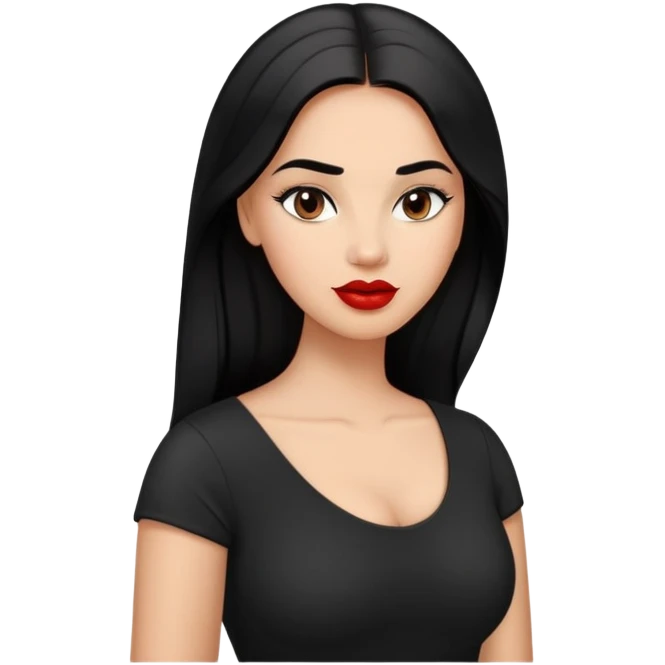 Confident curvier young woman with oval face, elegant features, medium brown skin, dark brown eyes, arched eyebrows, red lipstick, long black hair, fuller figure, wearing a black top emoji
