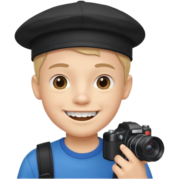 smiling schoolboy with large front teeth wearing a black cap holding a camera emoji