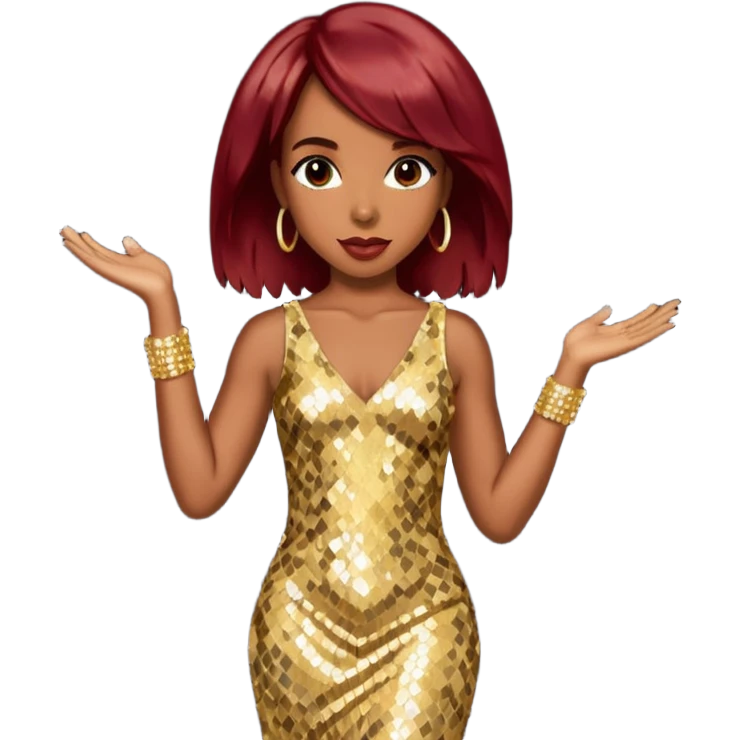 Kelly Rowland from Destiny's Child with dark red hair, gold sequin outfit emoji