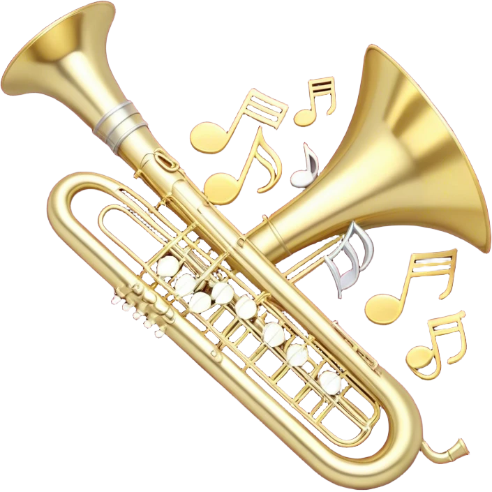 Create a festive and elegant emoji collage featuring a bouquet or fan of bells of wind instrument  (trumpets, saxophones, trombones, tubes, etc.) arranged in a radiant, symmetrical pattern. The instruments should have polished, golden and silver finishes, with their large, shiny bells forming a beautiful, fan-like display. Include a flowing ribbon of musical notes swirling through the center, conveying movement and melody. The background should feature a deep red velvet texture, adding a touch of luxury and sophistication. The overall composition should be balanced, with an elegant and regal feel, with a transparent background to keep focus on the instruments and musical elements. emoji