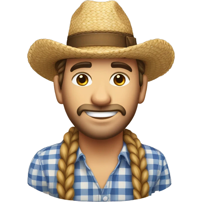 Festa Junina country man with straw hat, braided hair, checkered clothes, white skin emoji