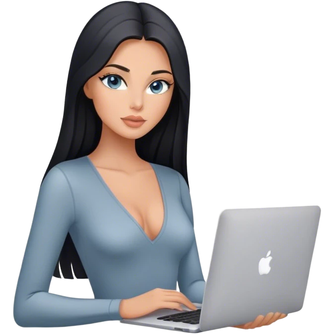 Glamours tanned very beautiful girl with pump peach nude lips and black straight smooth long hair, blue-grey eyes in grey v-neck bodysuit with MacBook emoji