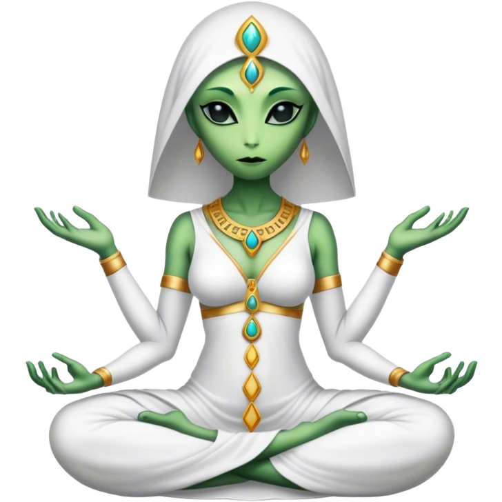 a Reptilian alien woman,in meditation, white dress like a priestess emoji