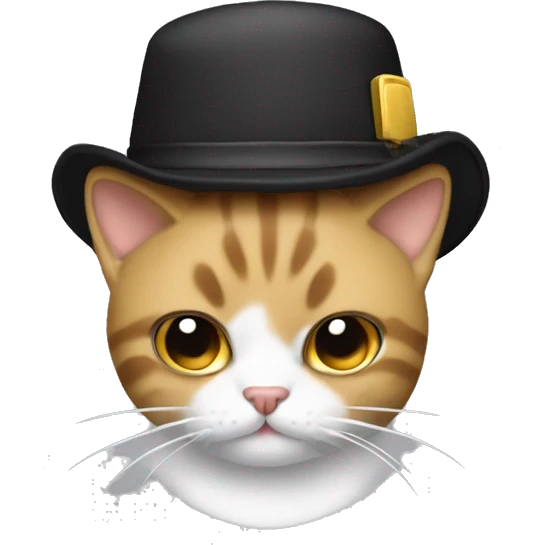 Gato blanco con manchas marrones en la cabeza. Con un gorro negro con las iniciales MC doradas adelante emoji