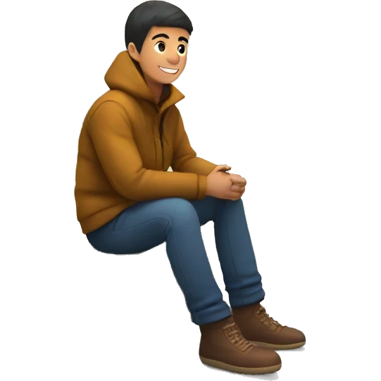 A boy sitting on grass and enjoy the view of river and snow fall emoji