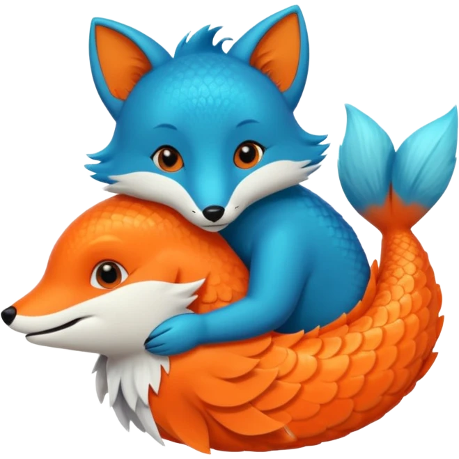Make a bright orange fish and a teal blue fox that are hugging or cuddling each other emoji