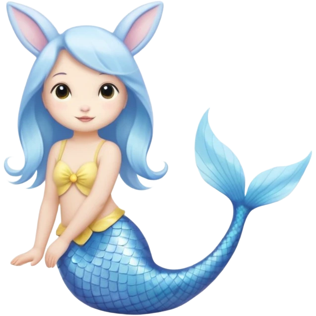 cute bunny with a mermaid tail, sitting and looking back, soft white fur, pastel blue and yellow fish tail emoji