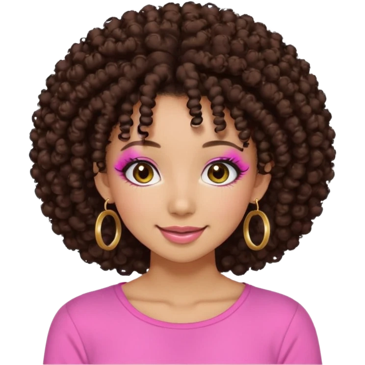 Naturally tan skin girl short darkBrown curly afropink shirt very long lashes hoop gold earrings Brown eyes gyaru smiling closed mouth cute non perfect circular a emoji