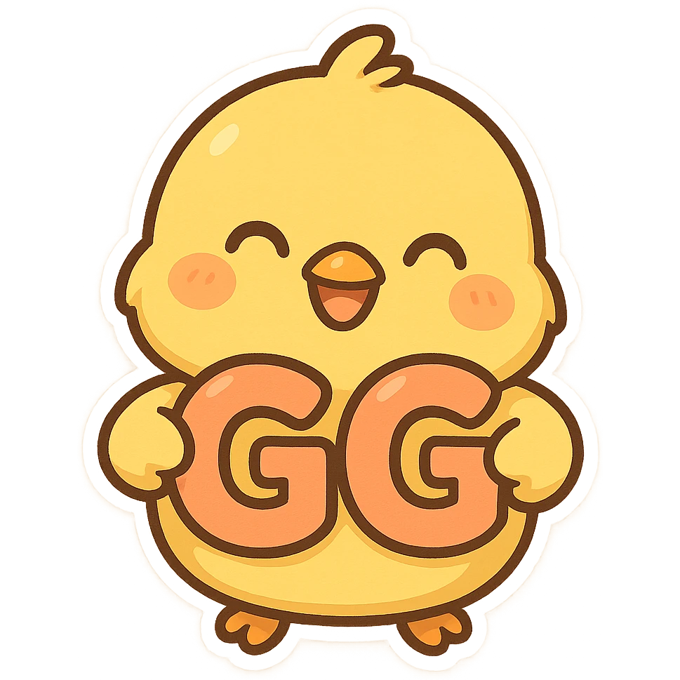 cartoon chick holding the letters GG, bright and cheerful emoji