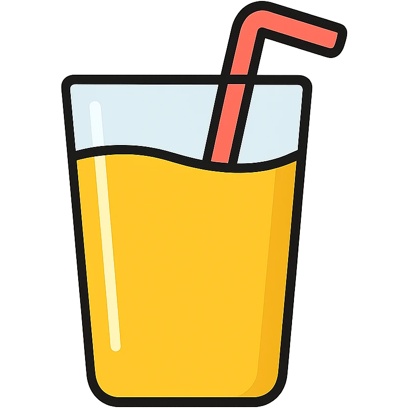 Glass of yellow juice with a straw, orange or lemonade juice in a clear glass emoji