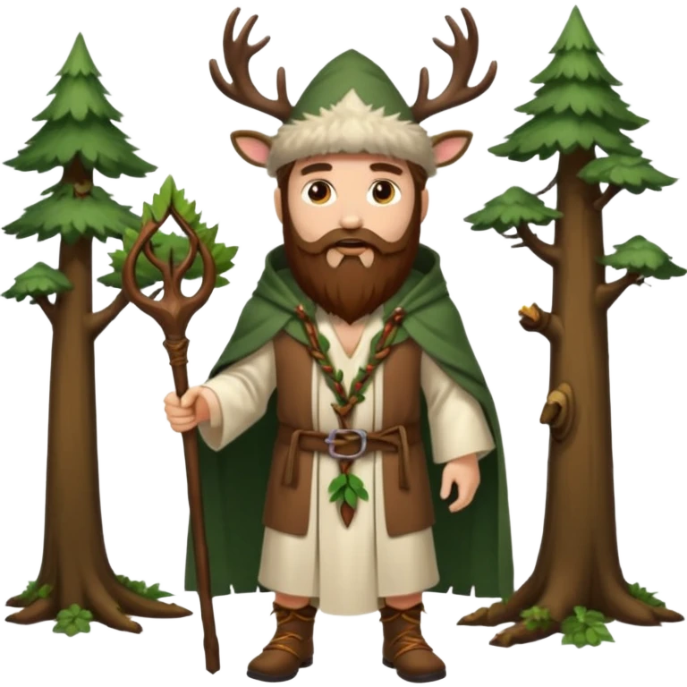 full body man long brown hair brown eyes medium beard white skin wearing stag hat and forest druid robes open chest emoji