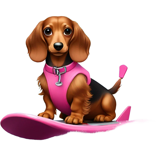 Long haired miniature dachshund red colour with pink collar on waterskis emoji