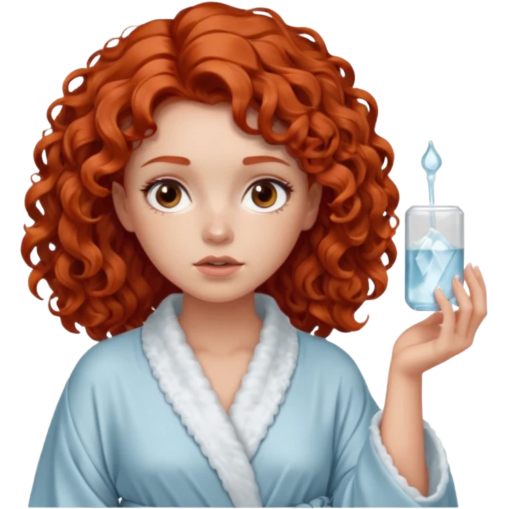 Cartoon emoji of a girl with voluminous curly red hair, fair skin, warm brown eyes. Wearing a chic milky silk robe with long sleeves, no makeup. Portrait mode, holding a ice cube for face skin care, looking doubtful and unsure. Smooth, simple, stylized." emoji